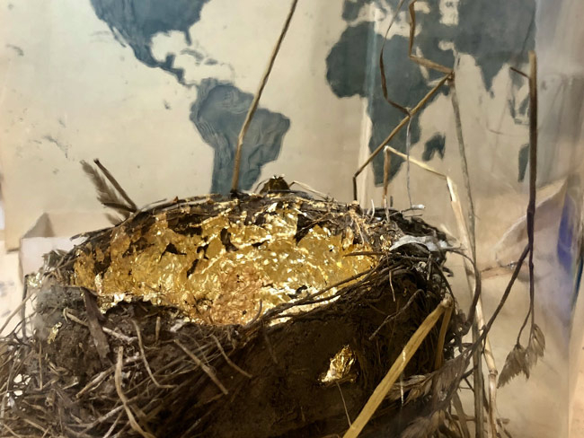 photo of bird nest with gold leaf